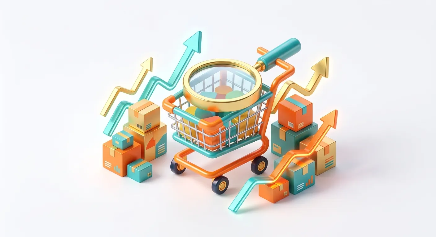 E-commerce SEO illustration with shopping cart and search results